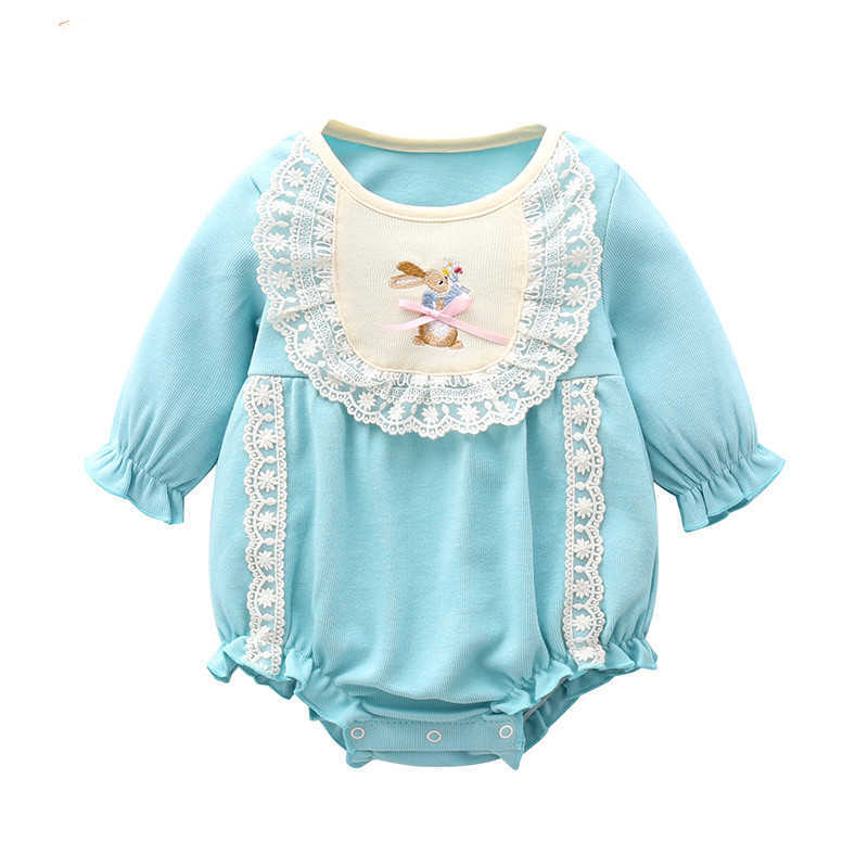 

Baby Girl Easter Rabbit Rompers born Princess Lace Jumpsuit Infant Cotton Romper Toddler Boutique Embroidery Clothes 210615, Sky blue