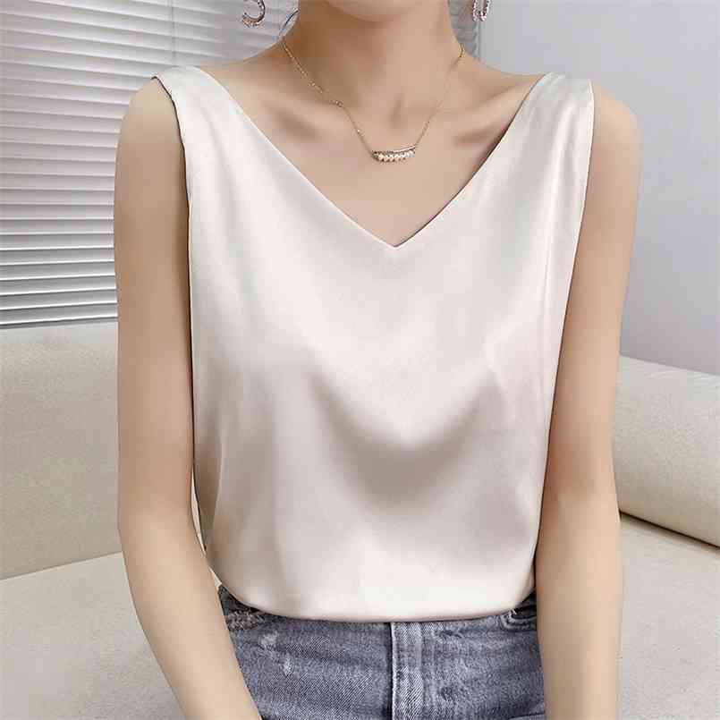 

Summer Shiny Satin Silk Tshirt Women Harajuku T Shirt Sleeveless Fashion T-shirt Woman Tee Tops Casual Female Luxury Sexy 210708, Two brick red