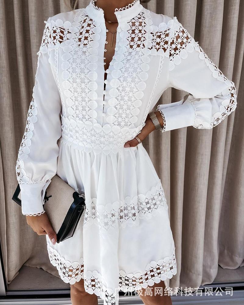 

Casual Dresses Short Dress Elegant Fashion Women Sexy Lace Autumn Office Loose Solid Hollow Out Print Long Sleeve Plus Size Hem Vestidos, Sky blue