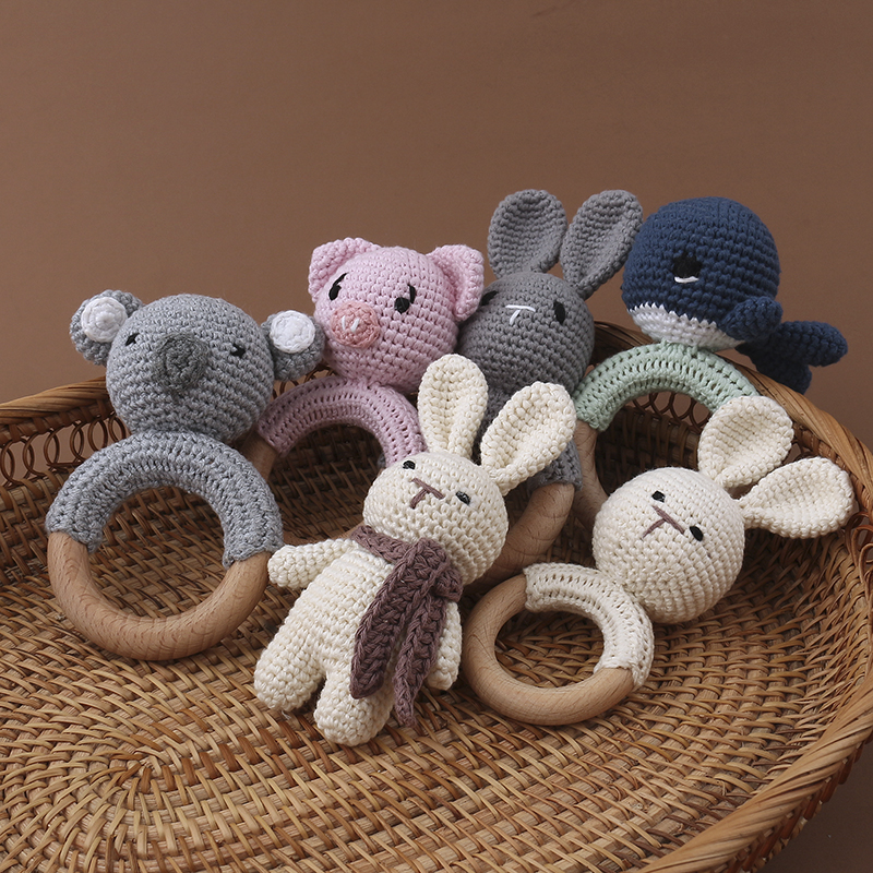 

BPA Free Crochet Wooden Ring Baby Teether Cartoon Animal Rattle Customized Fidget Toys For Babies Childrens Products