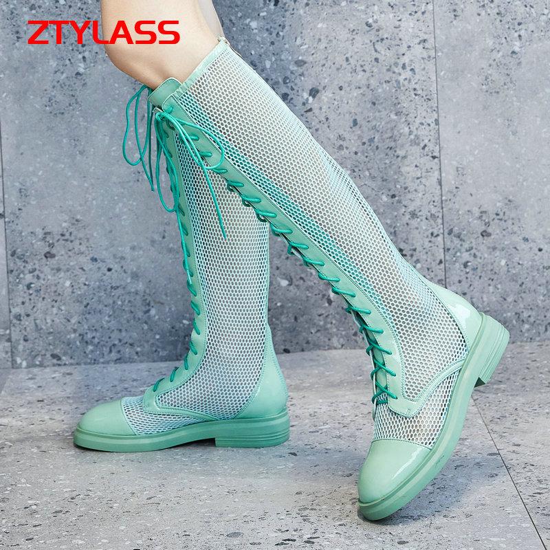 

Boots 2021 Women Summer Sexy Hollow Mesh Fashion Cross Tied Knee High Patent Leather Zipper Spring Shoes Woman, Black