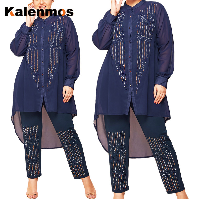 

African Women Two Piece Set Diamond Tops and Pants Office Lady Muslim Suits Matching Sets Work Wear Solid Trasuit Outfits