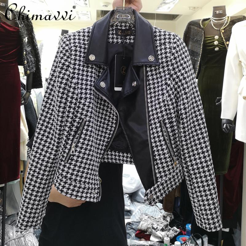 

Women's Jackets Houndstooth Zipper Motorcycle Jacket 2021 Autumn Fake Two Piece PU Leather Coat Lady Long Sleeve Casual Overcoat, Black;brown