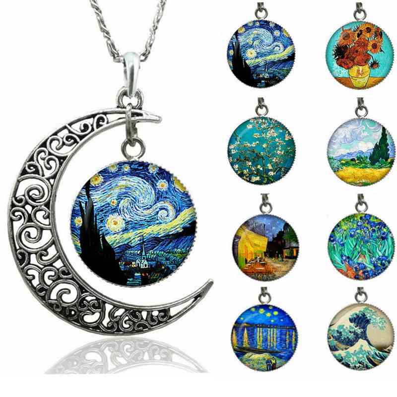 

2021 New Pendant Necklaces Van Gogh Starry Night Glass Cabochon Crescent Moon Clavicle Jewelry Valentines Gift for Women Ux45
