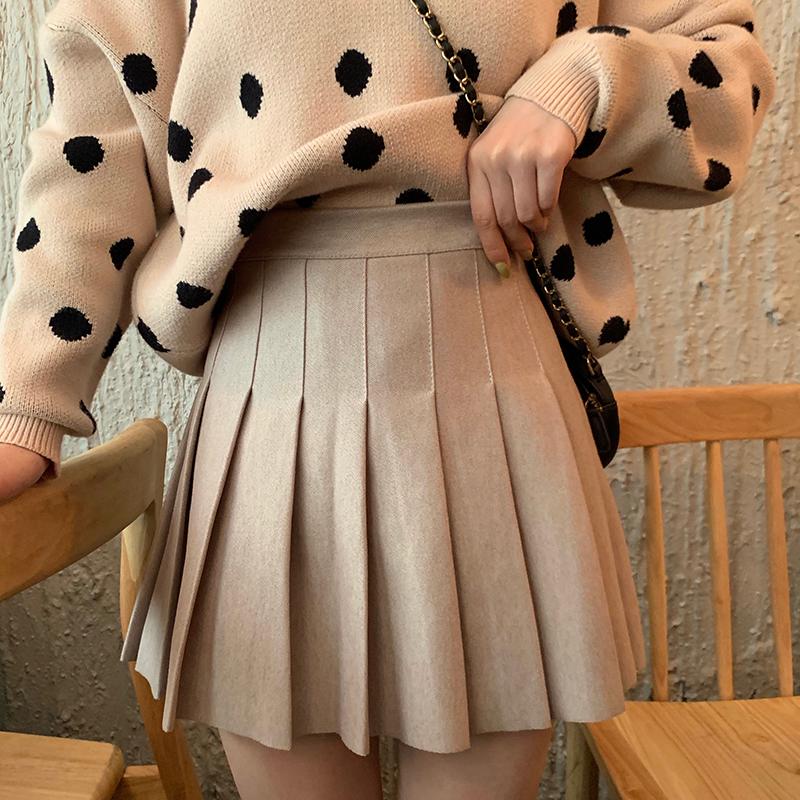 

Skirts Vintage Sweet Pleated Women Autumn Winter Chic High Waist Zipper Mini A-line Saias Female Kawaii Cute All Match Skirt, Beige