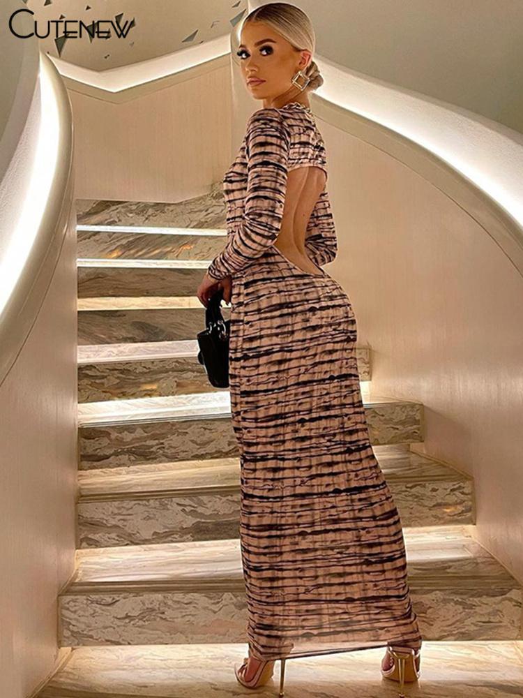 

Casual Dresses Cute Elegant Vintage Stripe Printing O-Neck Bodycon Maxi Dress Women Autumn Sexy Backless Long Sleeves Lady Party Style, Black;gray