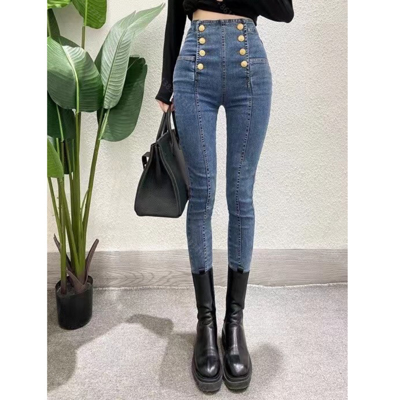 

Fashion womens slim-fit jeans designer clothes high-waist pencil pants badge slim-fit straight-leg pant female high-quality casual pencil pants women clothes a1, Beige