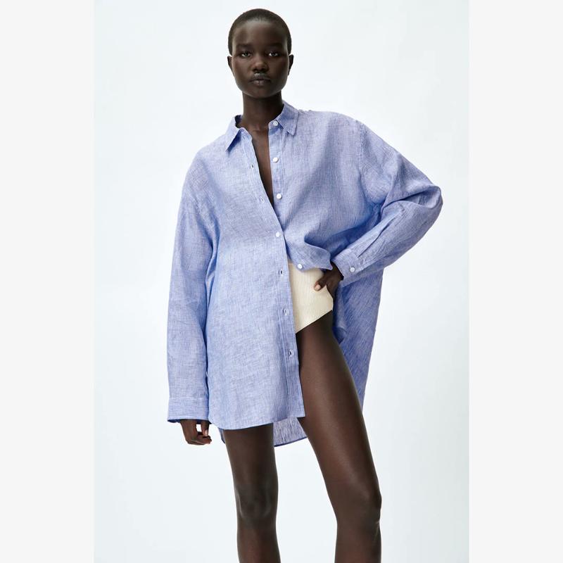 

Women's Blouses & Shirts European And American Style 2021 Summer Lapel Single Breasted Linen Top Fashion Versatile Loose Shirt, White