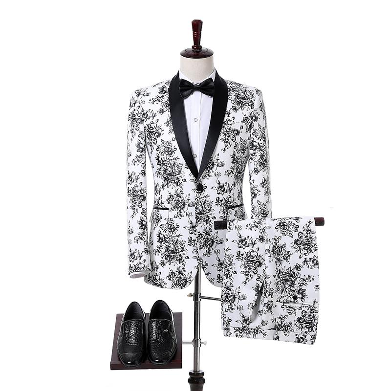 

Men's Suits & Blazers Tailor Made Smoking Fantasia Men Clothing Weddings White Blue Printed Fabric 2 Piece Set Suit Terno Masculino Slim Fit, As picture