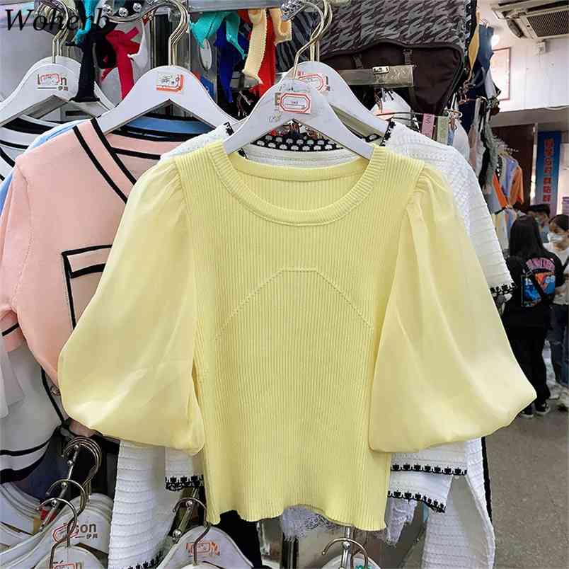 

Korean Thin Knitted T-shirt Tops Women Summer Vintage Puff Sleeve Knitwear Fashion Ladies Tshirts Chic 210519, White