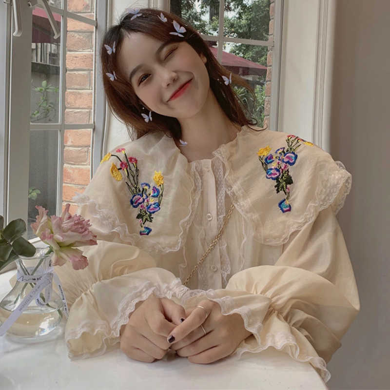 

VANOVICH Retro Fashion Shirt Female Embroidery Casual Wild Women Blouses and Tops Long-sleeved Summer Spring Top 210615