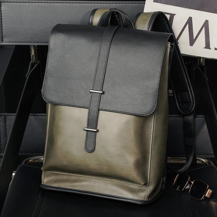 

Factory wholesale men leathers shoulder bags college style retro frosted leather backpack simple and versatile color matching school bag flip printed handbag, Black pu 1