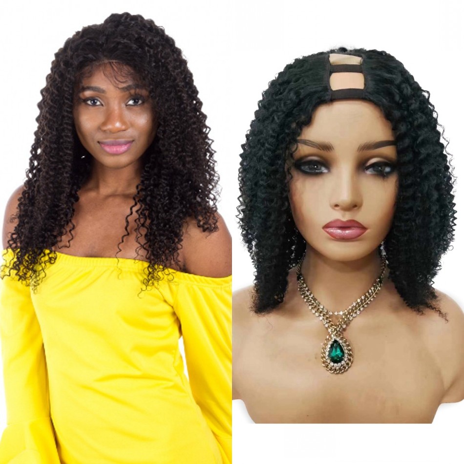 

Brazilian Kinky Curly Wigs Remy Human Hair Glueless U Part Wig for Black Women Natural Color 150% Density