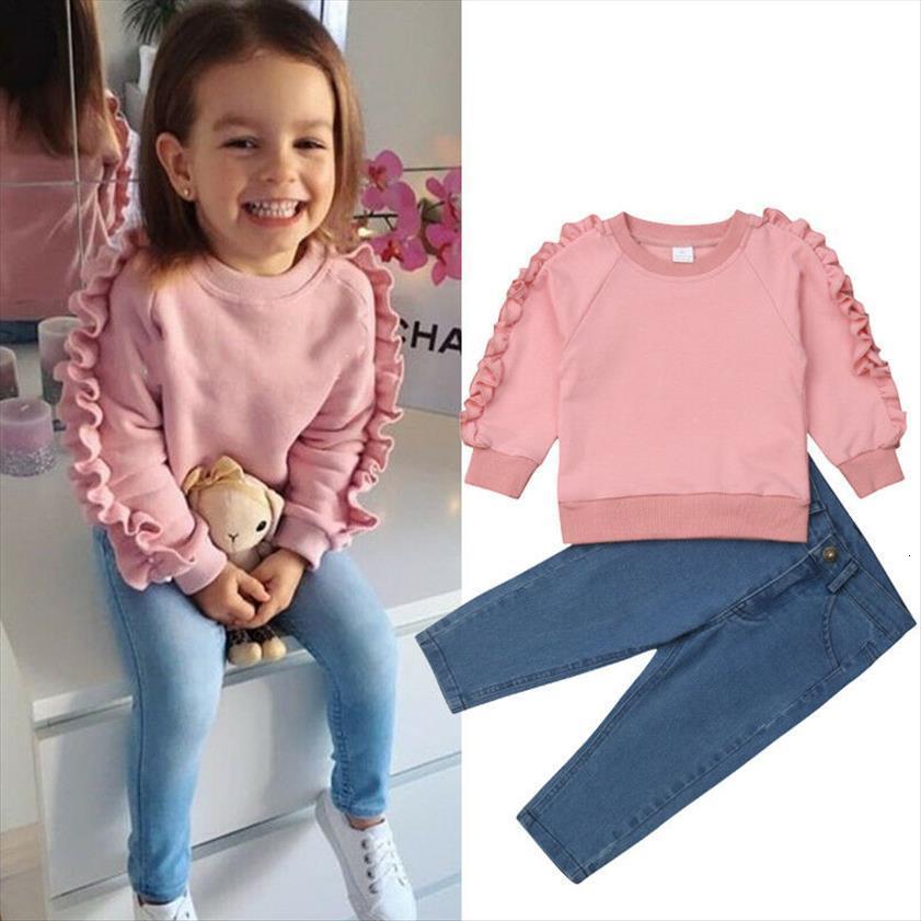

fashion baby girl ruffle clothes set autumn winter warm solid pink blouse denim pants child kids casual 1 6y, White
