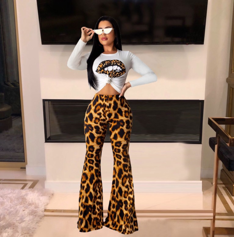 

Women' Tracksuits Fashion Casual Print Leopard Suits Autumn 2 Piece Sets Pullover T-Shirt And Flared Pants Two-piece Set Women, Orange