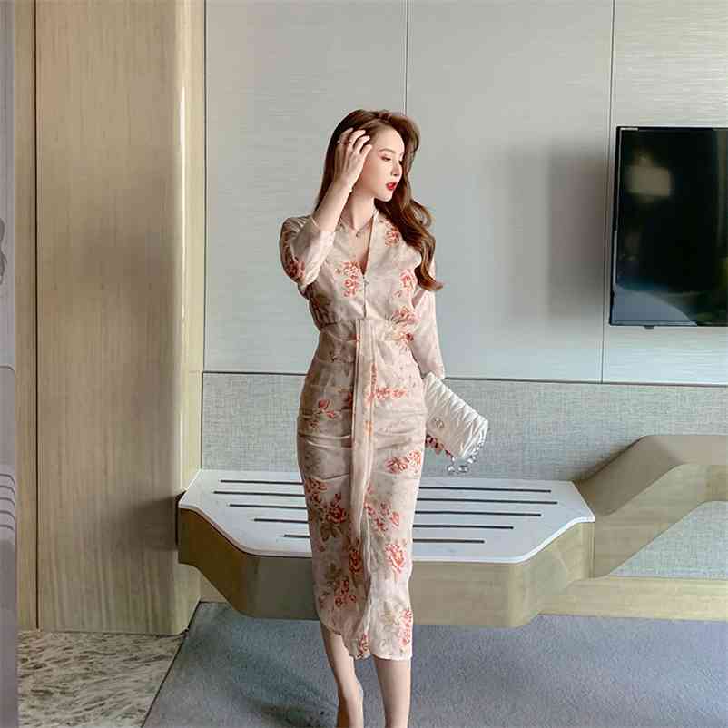 

Retro temperament floral dress autumn women's printed chiffon Office Lady Polyester Sheath Zippers 210603, Clear