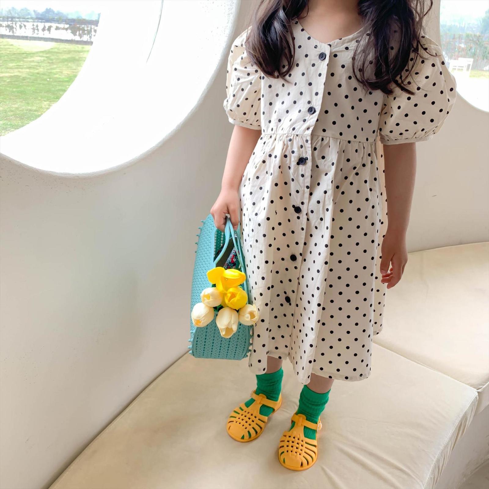 

Girls Pure Cotton Dot Girl Dress Single Breasted Casual Korean Style Short Sleeve Loose Dresses Clothings, Red;yellow