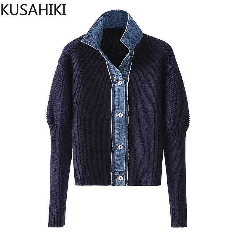 

KUSAHIKI Korean Demin Patchwork Knitted Coat Cardigan Sweater Women Knitwear Causal Turn-down Collar Jacket 6D340 210602, Navy