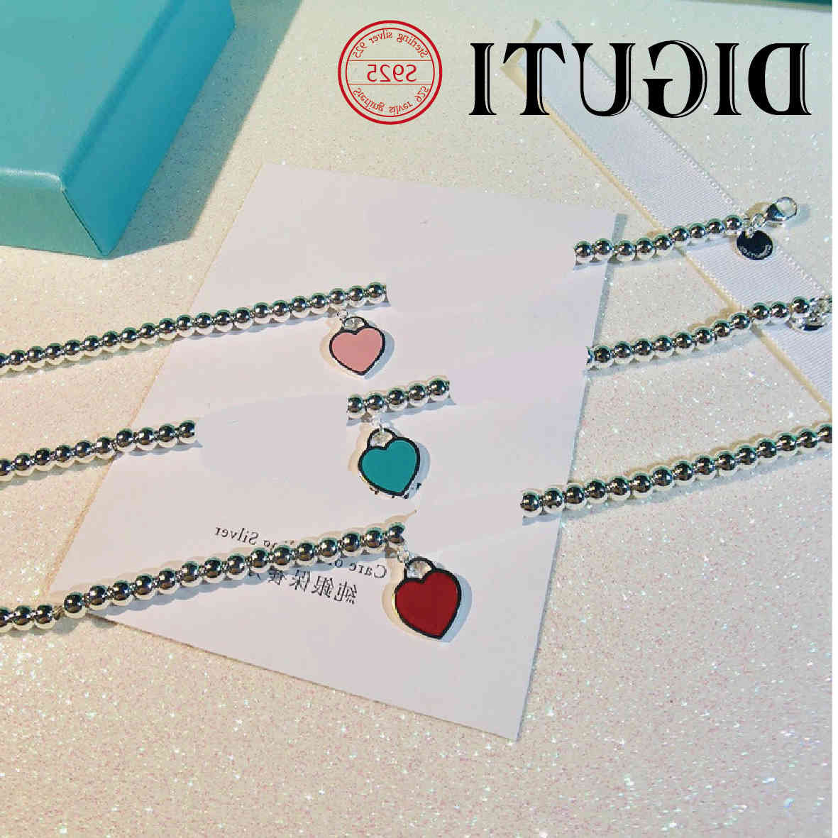 

Tiff 925 sterling silver bracelet beaded strand jewelry high-end craftsmanship, blue pink heart-shaped bracelet, wholesale with official, Black