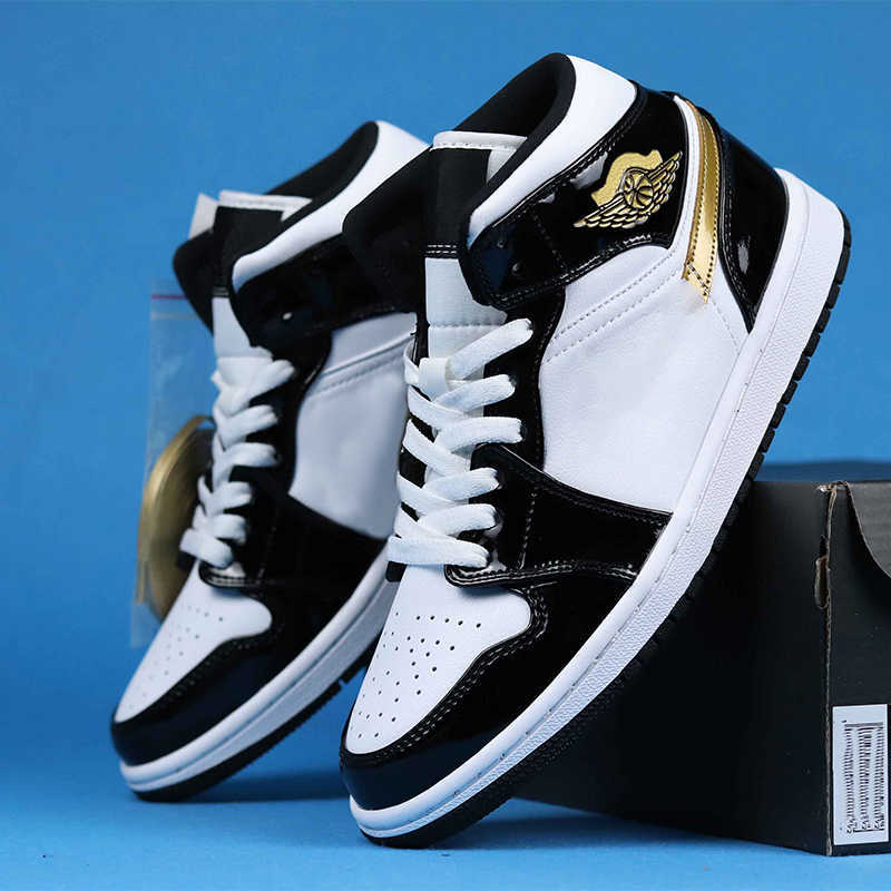 

High Quality Jumpman Women's Shoes men's 1 S Patent Black White Gold, #1