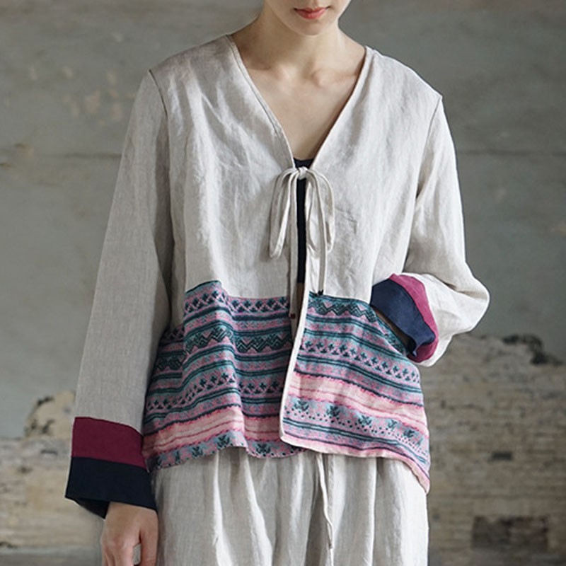 

Johnature Retro Patchwork Cotton Linen Long Sleeve Cardigan Lace Up Coat Autumn Simple Leisure All-match Women Jacket 210521, Beige