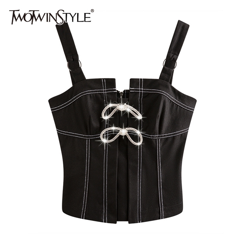 

Patchwork Bowknot Tank Tops For Women Square Collar Sleeveless Slim Sexy Vest Female Fashion Clothing Summer 210524, Black