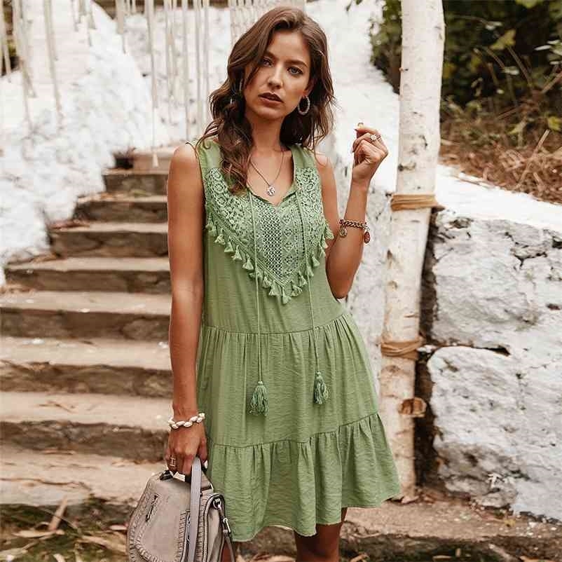 

Womens Dress Fashion women tassel sleeveless A-line pleated mini dresses for summer Bohe styled beach holidays dress 210524, Green