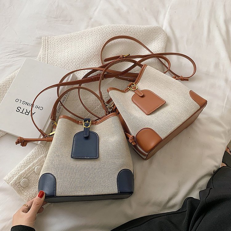 

Women Handbag Korean Fashion Carry Bucket Bag Trend Canvas Color Texture Cross-body Bag, As pic
