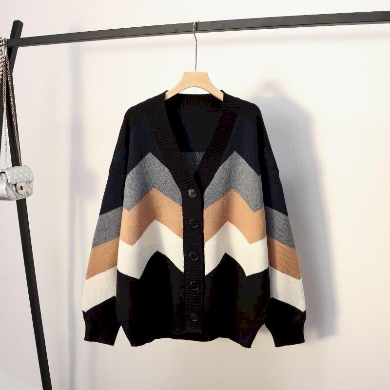

Men's Sweaters 2021 Women's Autumn Winter Plaid V-Neck Cardigans Button Puff Sleeve Checkered Oversize Sweater Tops Cardigan Harajuku, Black