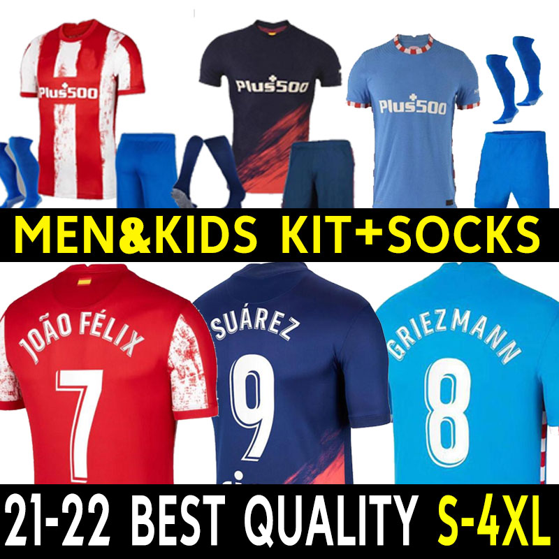 

New 21/22 JOÃO FÉLIX Atletico Soccer Jerseys de Madrid 2021 2022 Suarez CORREA KOKE Dembélé Carrasco M.LLORENTE Men Adult Kids Kit set socks football jersey player version, Home