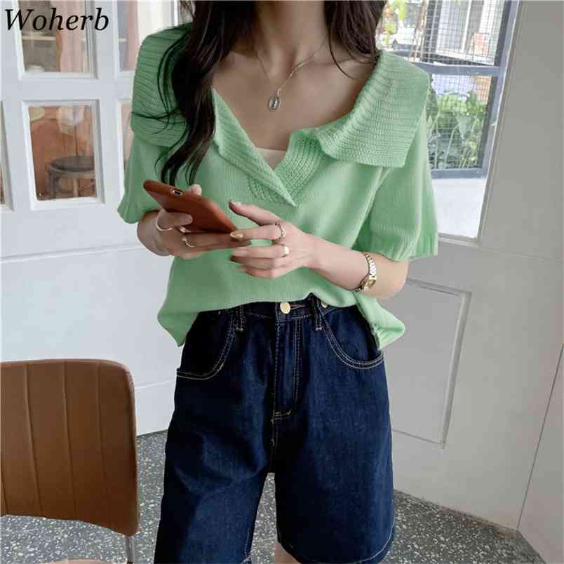 

Summer Korean Knitted Pullover Sweater Women Short Sleeve Loose Tops Solid Casuual Elegant Ladies Jumpers Femme 210519, Green