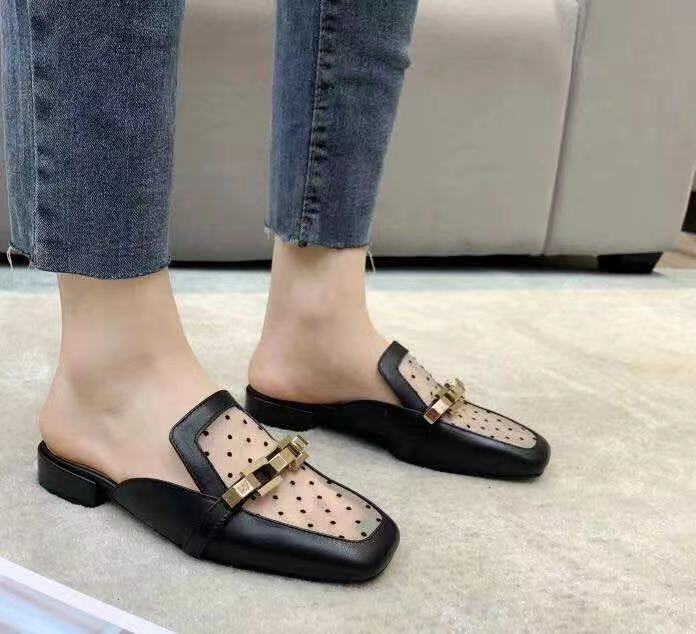 

stylishbox ~ y21051202 black/beige sandals see through lace slidesgold buckle summer square toe mules shoes casual, Please check size before pay