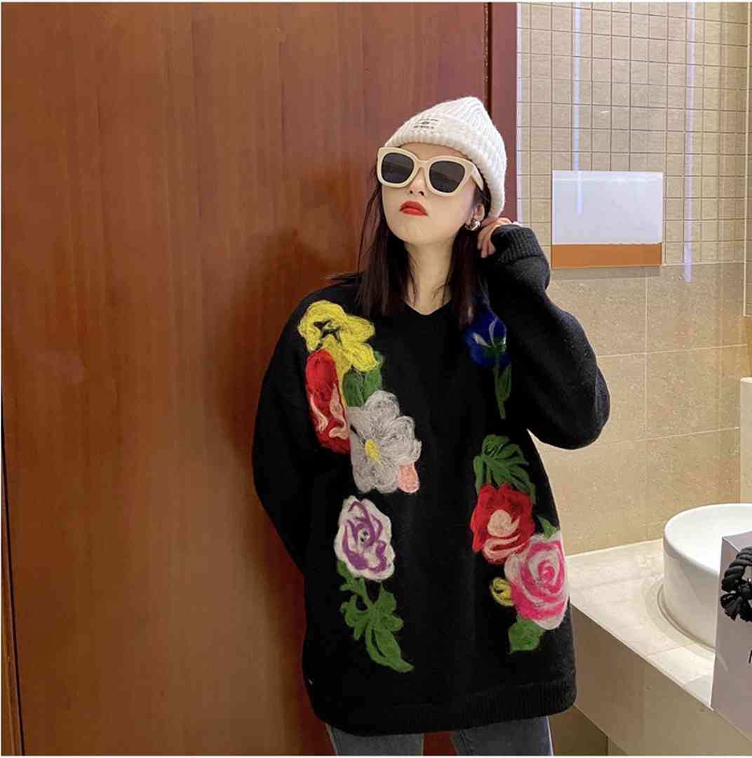

Women's Sweaters Female embroidered sweater 3d, Korean fashion with plant flower, black , autumn H1A7, 1# shoe box