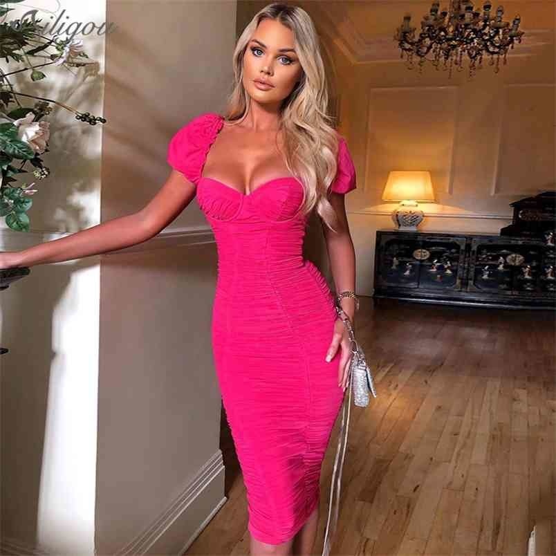 

Summer Style Women'S Sexy Square Collar Puffy Sleeves Mesh Draped Bandage Dress Bodycon Celebrity Vestido 210525, White