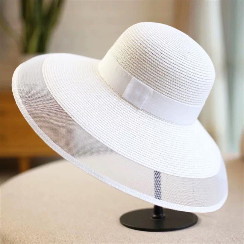 

summer women casual straw hat sun cap floppy large brim lace holiday beach ribbon panama gorros, Blue;gray