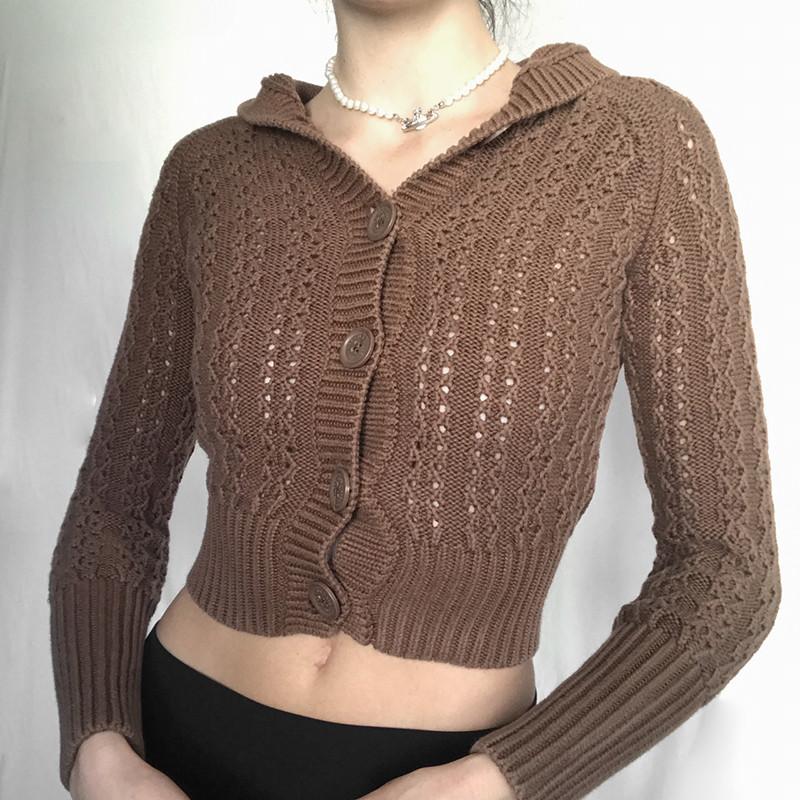 

Women's Sweaters FUFUCAILLM Vintage Brown Knitted Button-up Tops Hoodied Pullovers Full Sleeve Knitwear Y2k Women Harajuku Outerwear, White;black