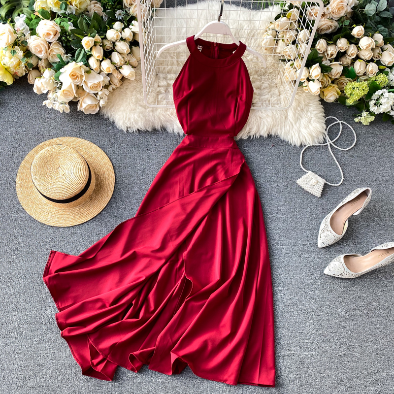 

2021 A Line Red Crew Women Dresses Summer Spring Elegant Knitted Halter Solid Sleeveless Vivid Color Female A-line High Waist Long, Same as picture
