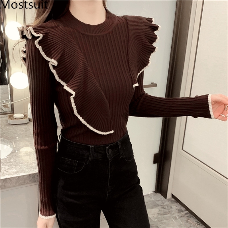 

Winter Ruffles Knitted Slim Pullovers Sweaters Women Long Sleeve O-neck Korean Casual Fashion Female Tops Jumpers Femme 210518, Khaki