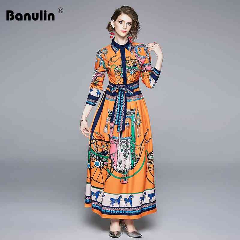 

Autumn High Quality est Fashion Runway Lace Up Bow Maxi Dress Women's Long Sleeve Retro Art Printed Designer 210603, Orange