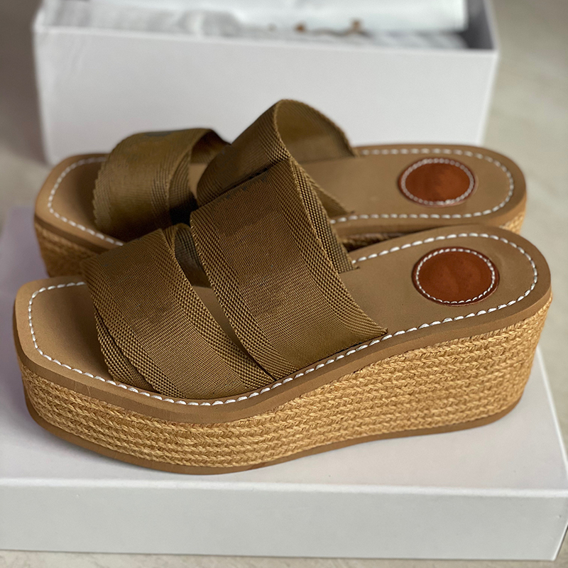 

Woody Wedge Mule Women Slides Slippers Espadrille Summer Grove Brown Canvas Sandal Slip-on Soft Tan Print Embroidered Rubber Bottom Flat Shoes 312, Color 1