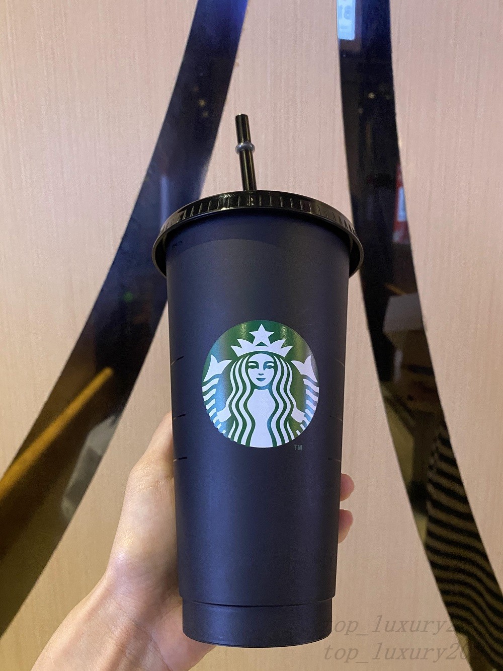 

Starbucks 24oz/710ml Plastic Tumbler Reusable Black Drinking Flat Bottom Cup Pillar Shape Lid Straw Mug, As picture