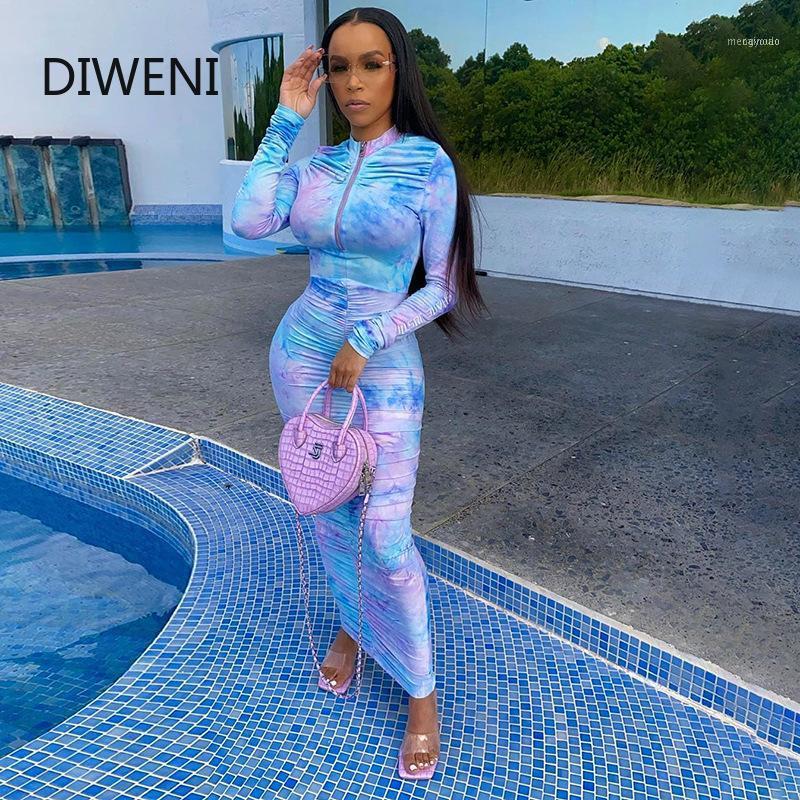 

Casual Dresses DIWEINI Women Tie Dye Print Long Sleeve Bodycon Dress Ruched Fitness Skinny Zipper Colorful Fashion Vestido De Mujer Streetwe, Blue