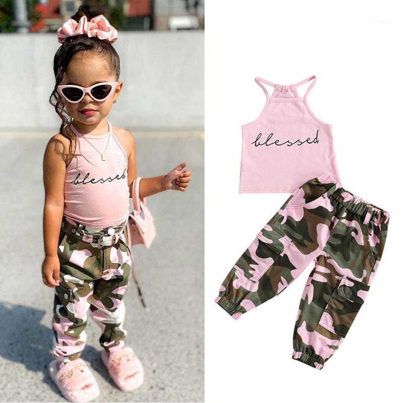

1-6Y Summer Fashion Kids Girls Clothes Sets 2pcs Halter Sleeveless Letter Vest Tops Camouflage Long Pants, White