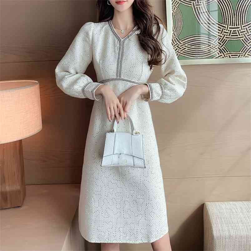 

Spring Autumn Fashion Designers Runway Woman Clothes Elegant Puff Sleeve Temperament Office OL Slim Tweed Woolen Dress 210519, Photo color