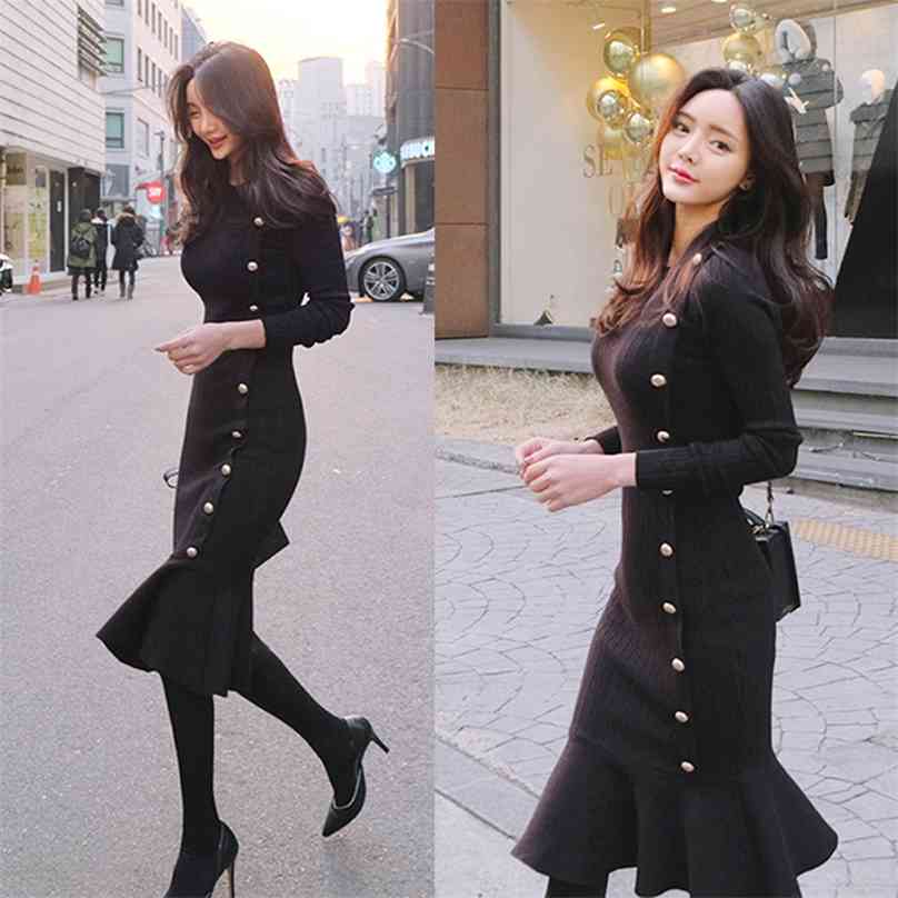 

Winter Sweater dress Korea Ladies knitting Long Sleeve warm fishtail party for women clothing 210602, Black