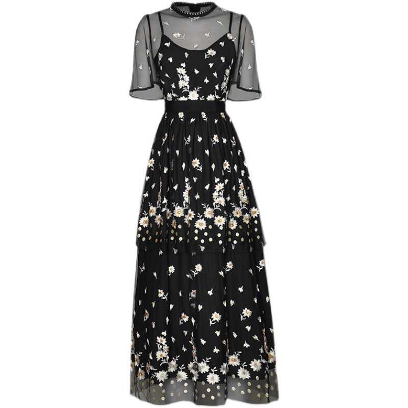 

HIGH QUALITY est Designer Runway Fashion Women' Short Sleeve Embroidery Gauze Midi Dress 210526, Black