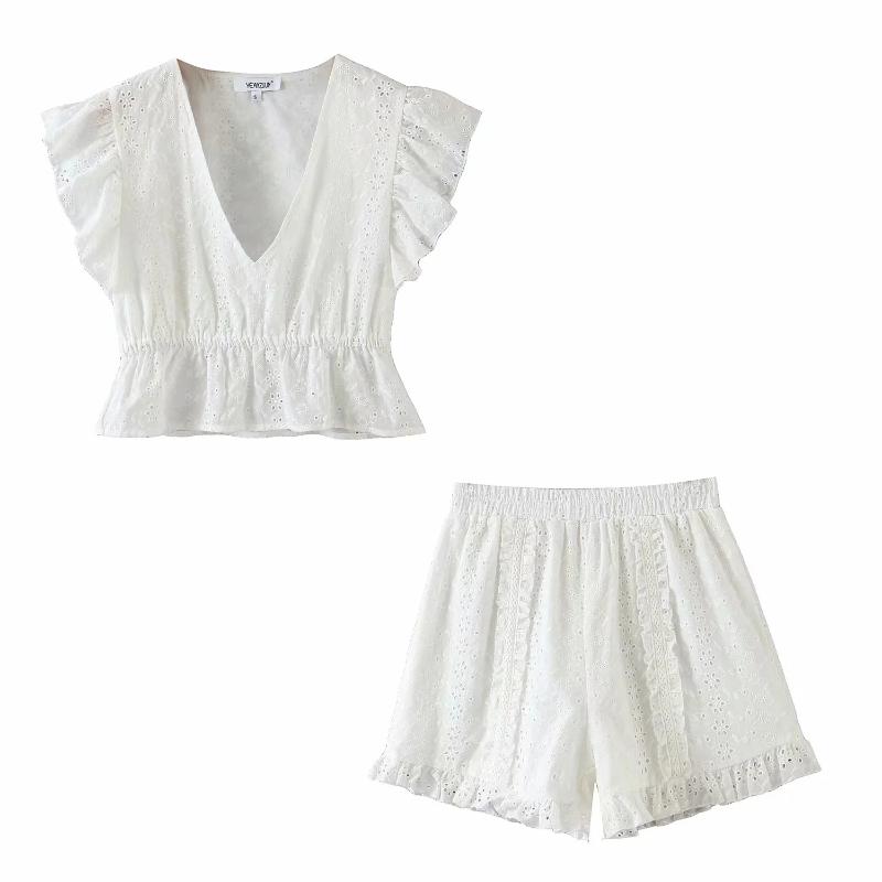 

Lace Ruffles Matching Sets Women Summer Holiday Two 2 Piece Outfits V Neck Short Top Shirts And Wide Leg Pants Co-ord Set 2021 Dress