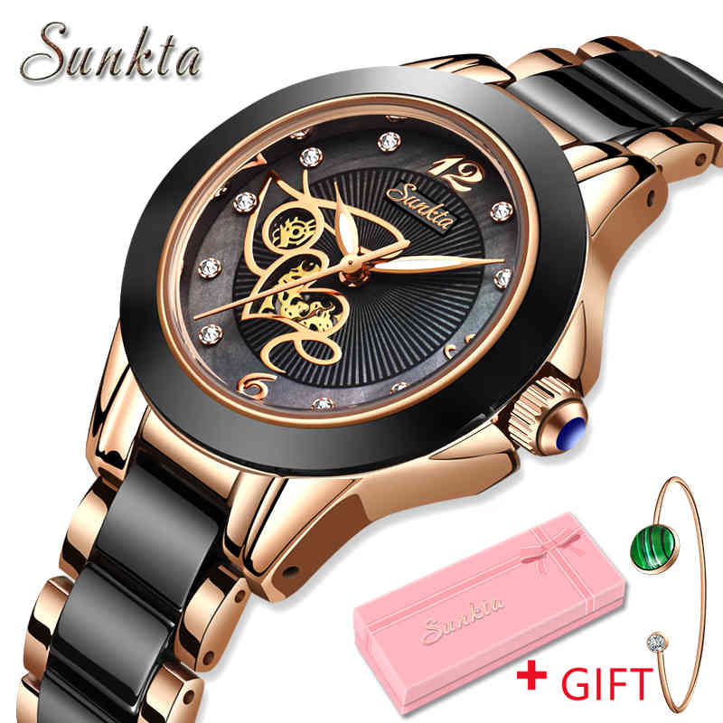 

SUNKTA Brand Luxury Women Watches Black Ceramic Diamond Ladies Watch Waterproof Quartz Wristwatch Relogios Femininos Clock Gift 210517, Black rose gold