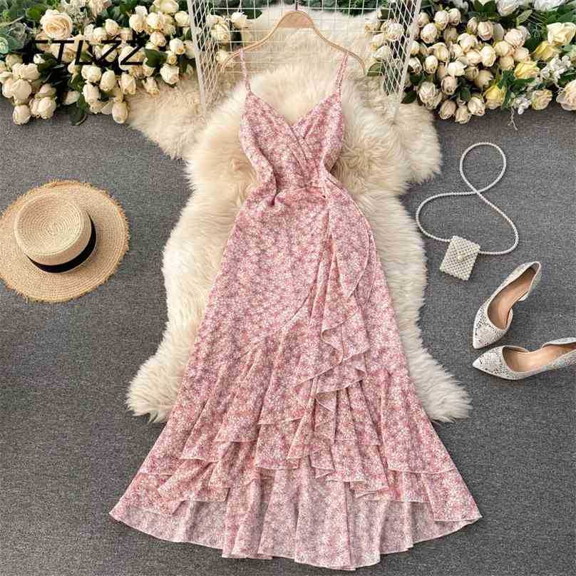 

Women Sexy Boho Dress Summer V Neck Vintage Floral Print Irregular Ruffles Party Dresses Ladies Beach Long Robe Vestidos Muejr 210525, Pink