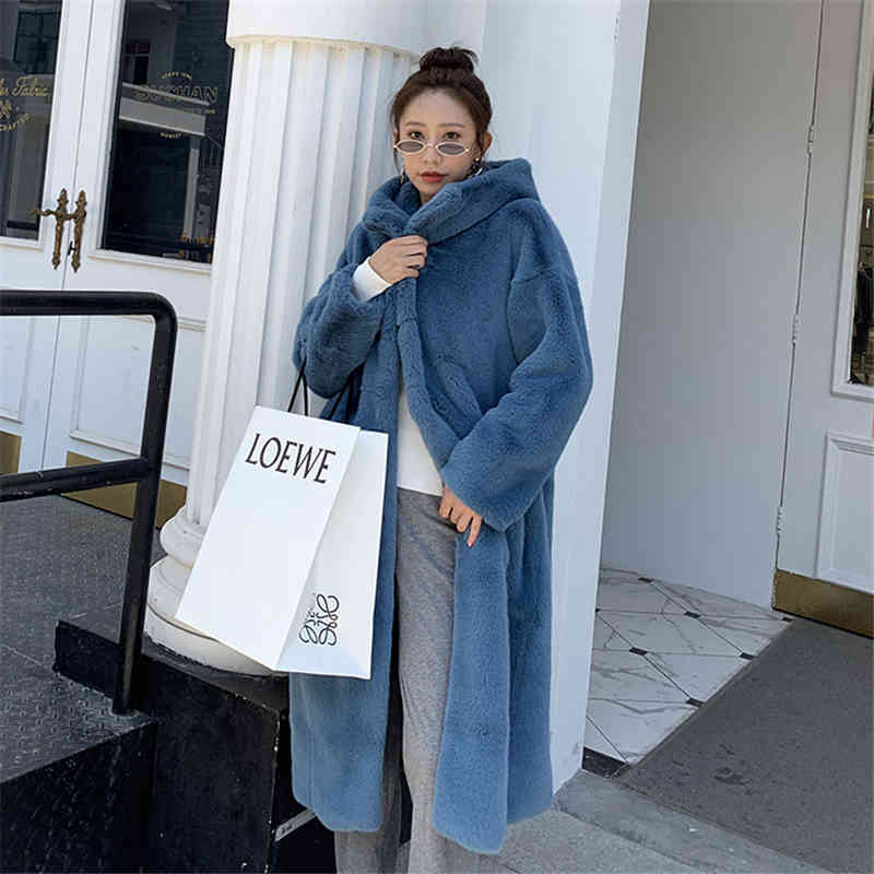 

Women's Wool & Blends Autumn Winter Faux rabbit hair fur coat Korean Long Hooded Thick Warm Fake Fashion Loose Over IJGP, Smoky blue